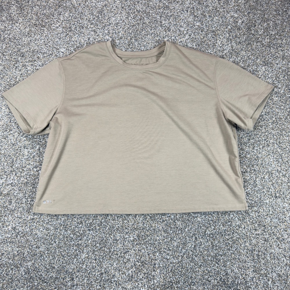 BYLT Signature Crop Top Women Large Tan Short Sleeve Athleisure Casual Tee